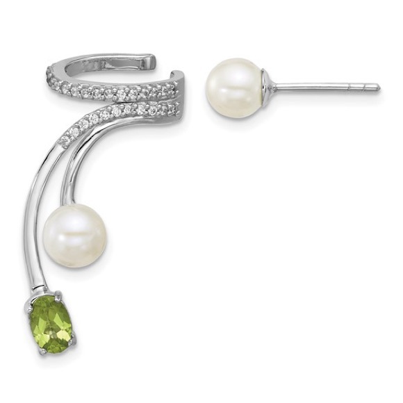 925 Sterling Silver CZ, FWC Pearl & .49ct Peridot Post & Cuff Asymmetric Earring - Picture 1 of 4
